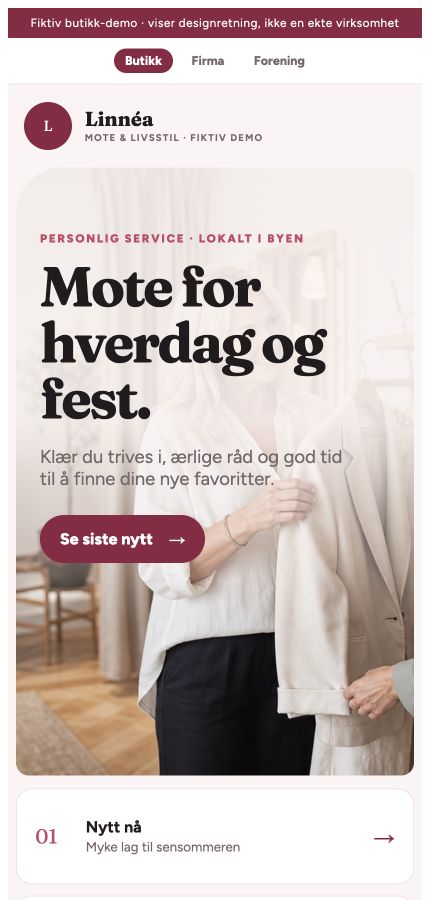 Mobilvisning av et fiktivt nettsidedesign for en butikk